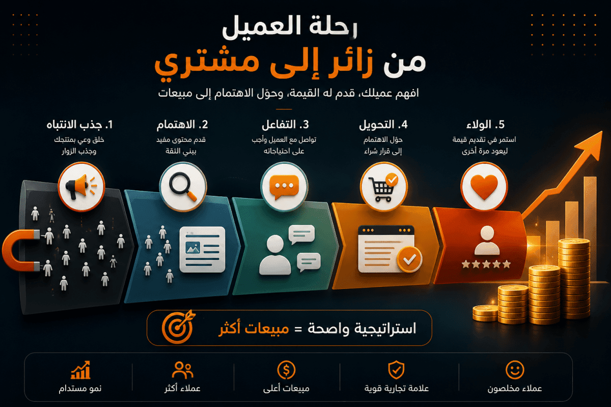 رحلة العميل من زائر إلى مشتري باستخدام استراتيجية تسويق رقمي وفانل مبيعات لزيادة المبيعات